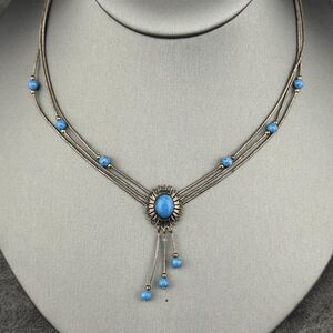 Native American 3-strand Sterling Necklace Blue Turquoise Liquid Silver 16" VTG